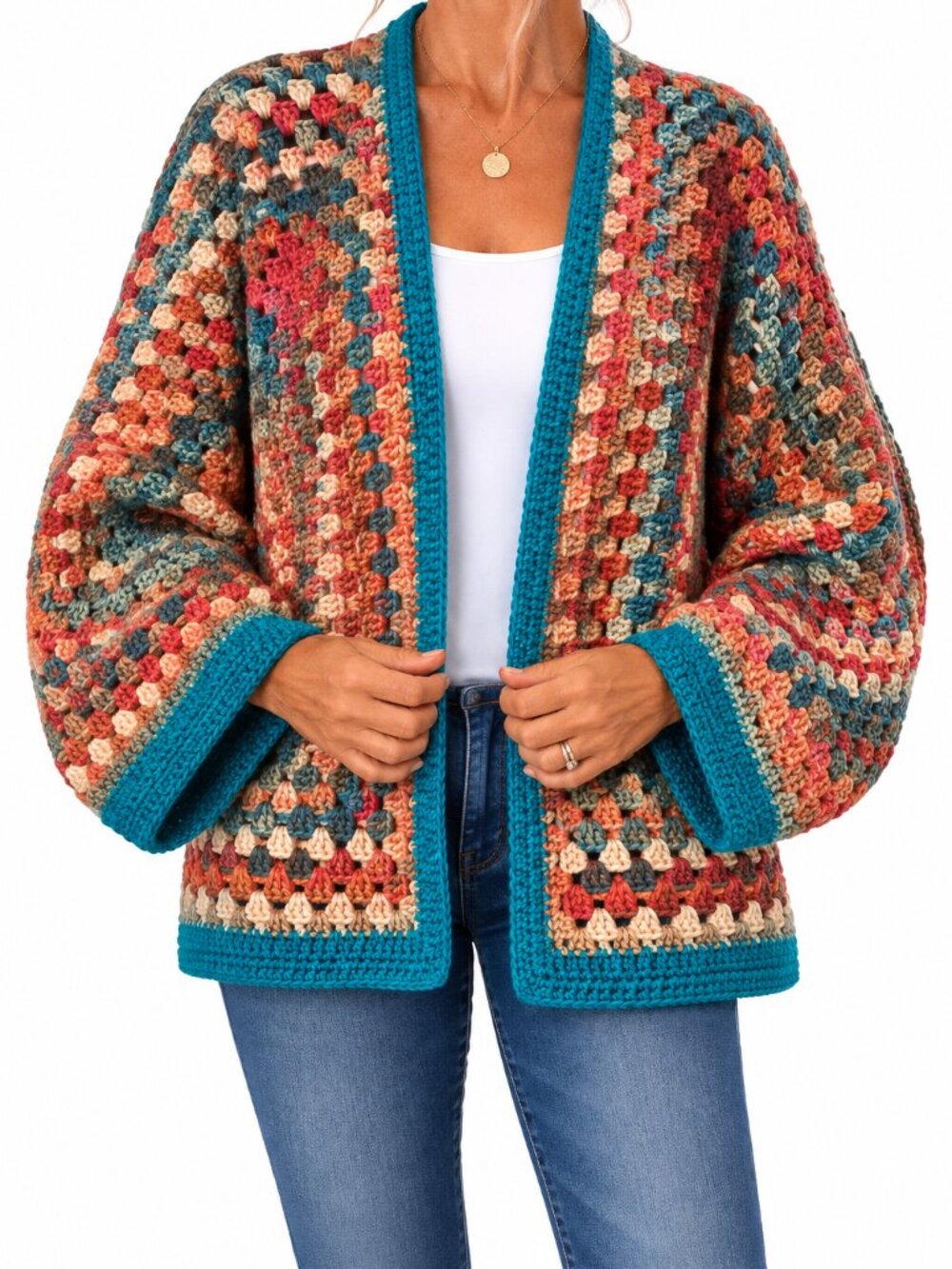 Handmade Multicolor Crochet Cardigan Teal Boho Sweater Medium